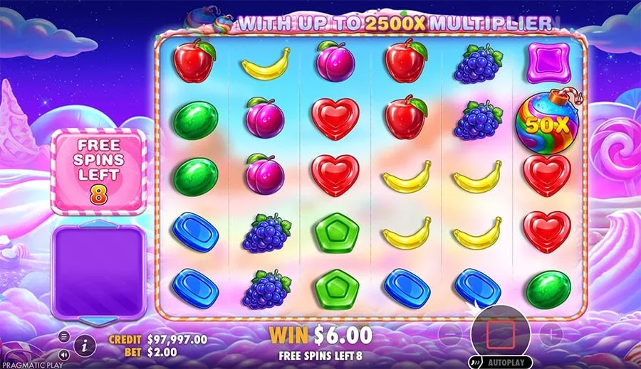 A 50x candy bomb landing during Sweet Bonanza 2500 free spins